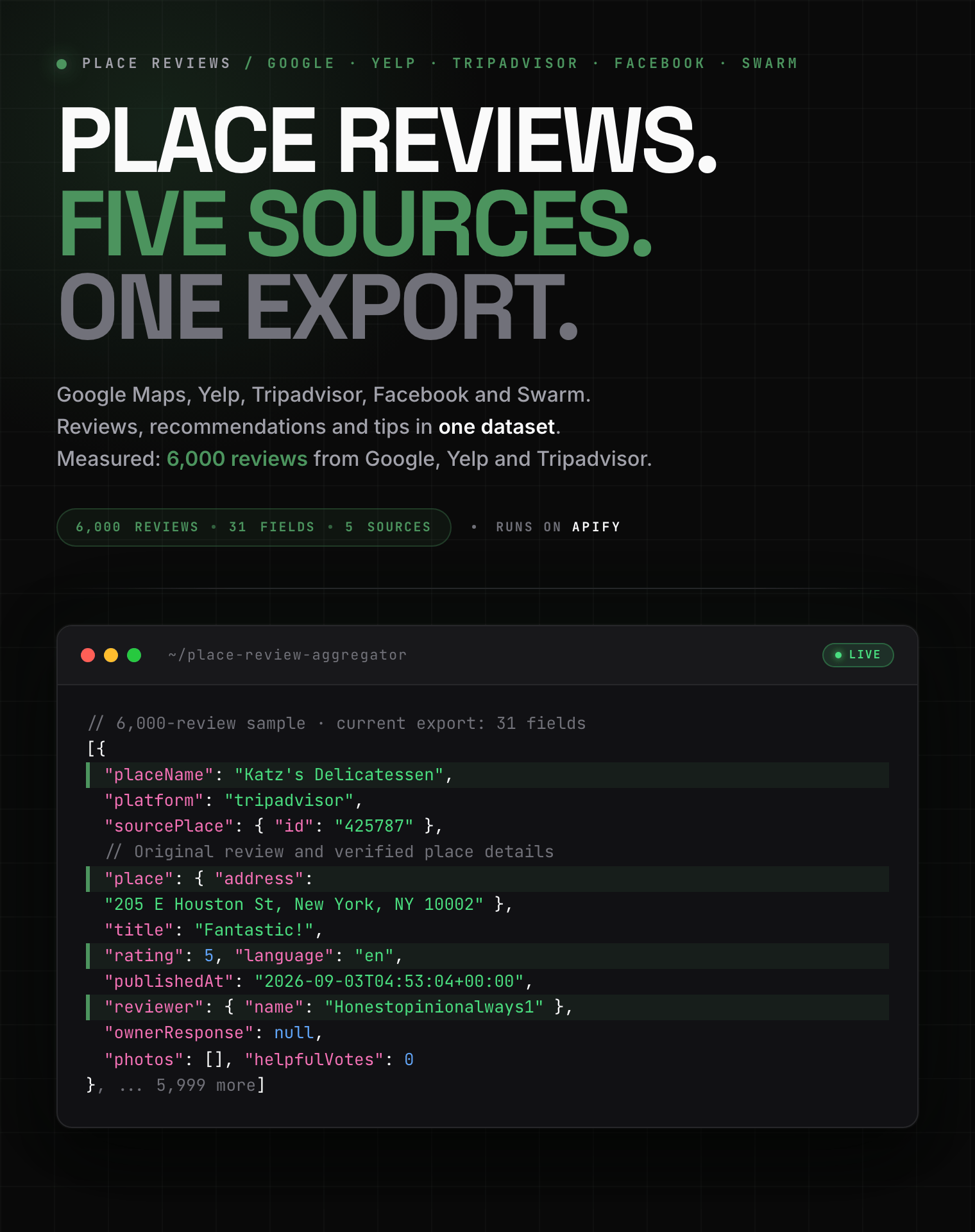 Place review aggregator: Google Maps, Yelp, Tripadvisor, Facebook and Swarm in one export