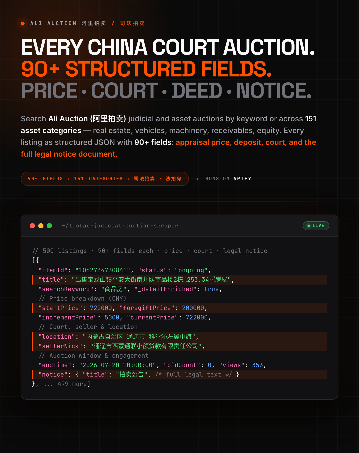 Taobao Judicial Auction Scraper — extract China court and asset auction data (阿里拍卖 司法拍卖 法拍房): foreclosed property, vehicles, machinery, with appraisal, deposit, court, and legal notice