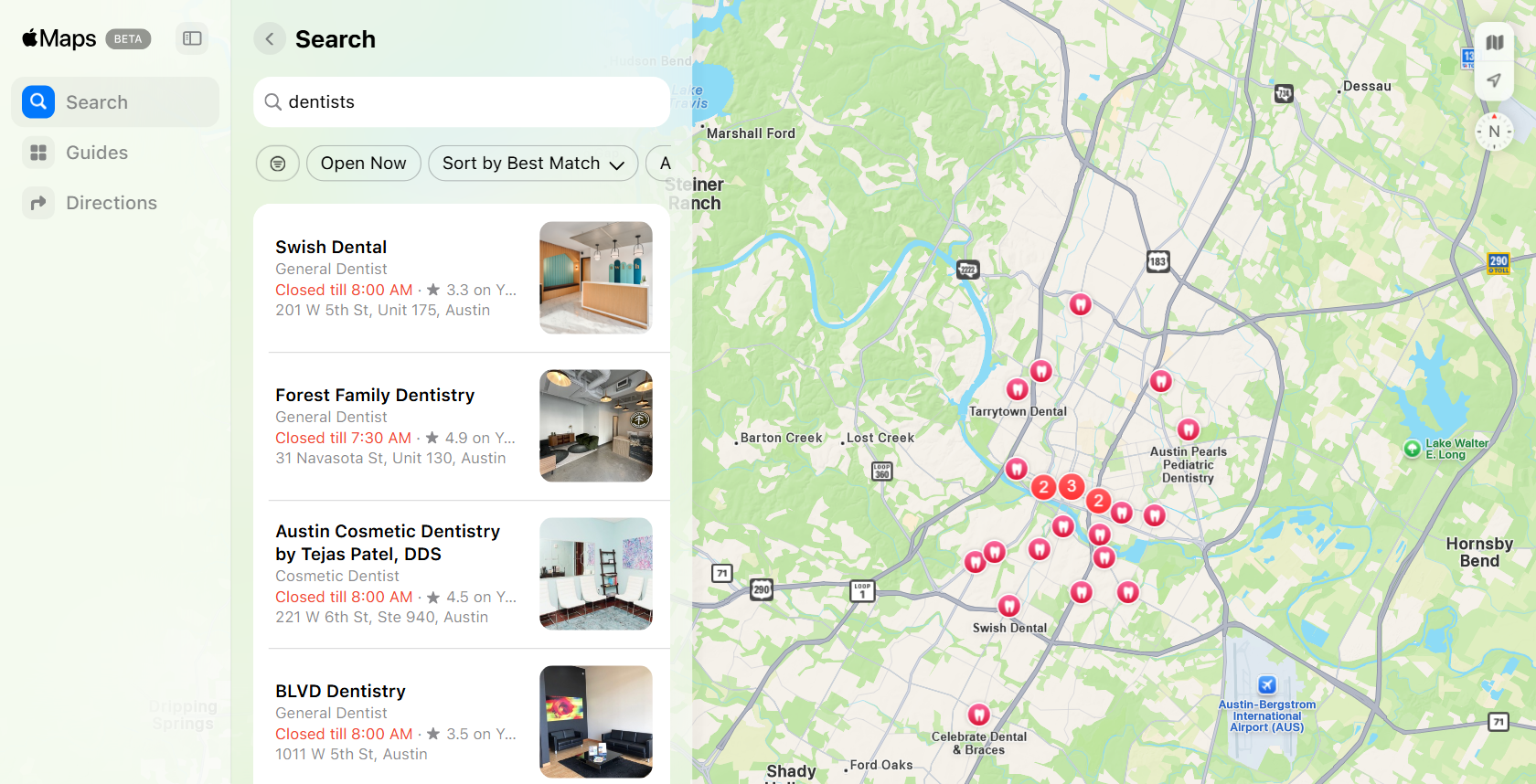Apple Maps search results for dentists in Austin that Apple Maps Scraper turns into rows
