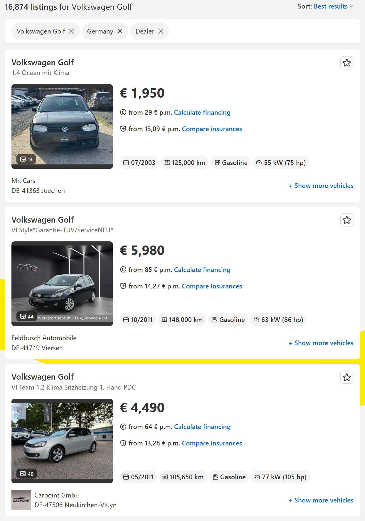 AutoScout24 car listings search page that AutoScout24 Listings Scraper turns into rows
