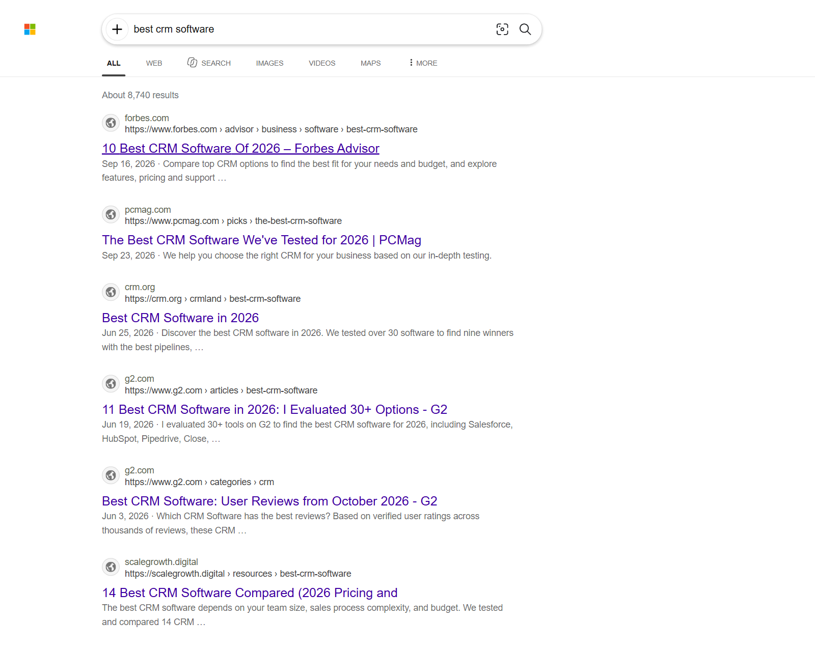 Bing search results page that Bing Search Scraper turns into rows