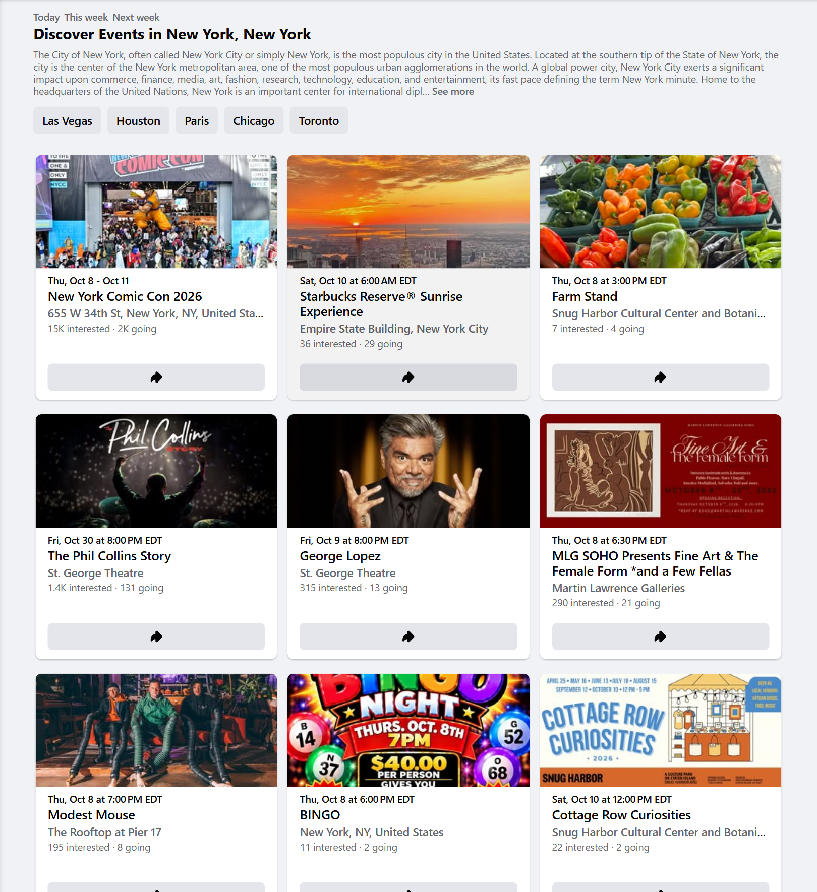 Facebook events page for New York that Facebook Events Scraper turns into rows