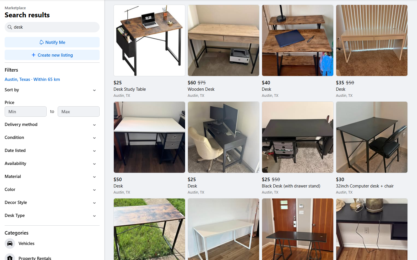Facebook Marketplace search results page that Facebook Marketplace Scraper turns into rows