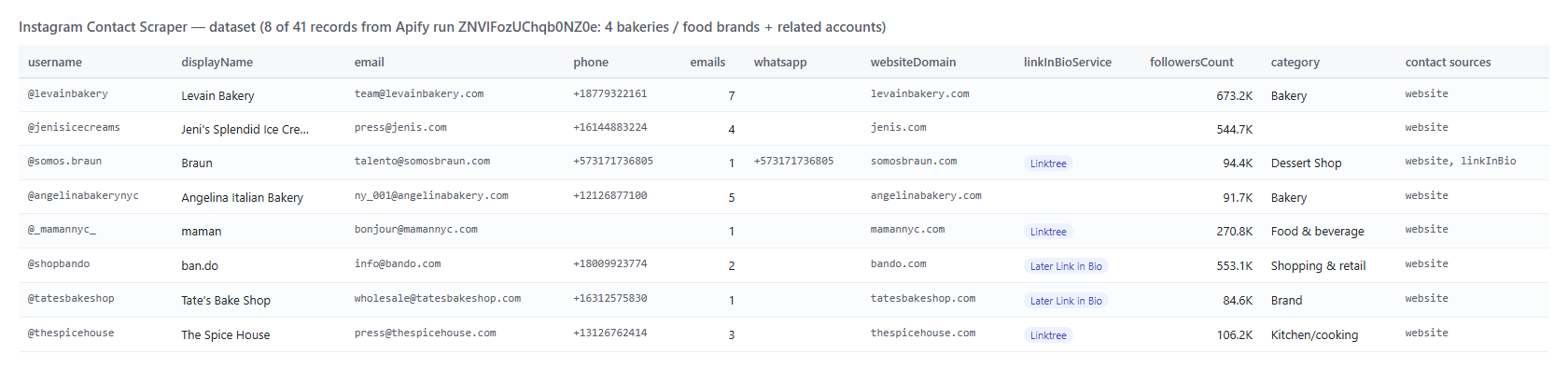 Instagram Email Scraper output table with emails, phones, WhatsApp and websites
