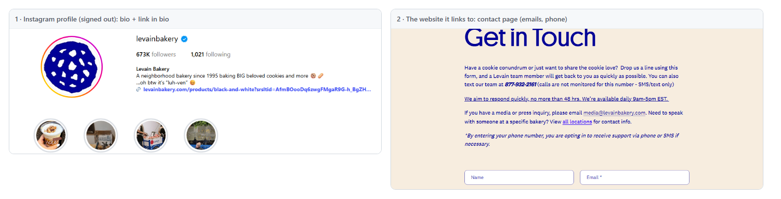 An Instagram profile and the website contact page that Instagram Email Scraper reads into one contact record
