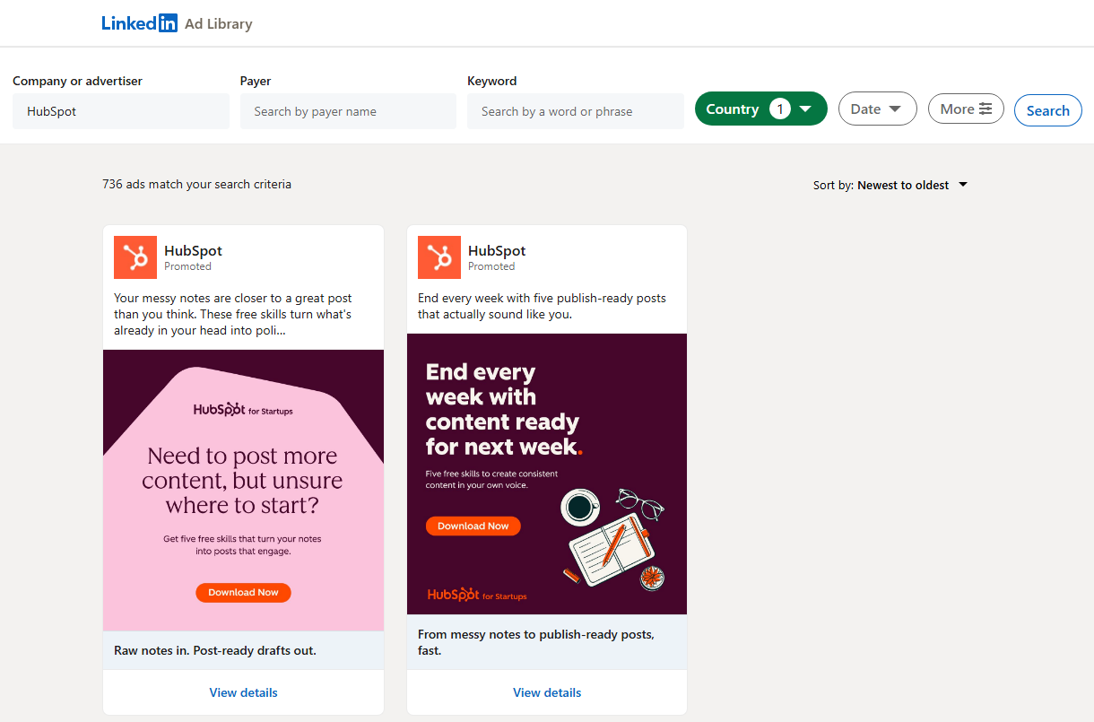 LinkedIn Ad Library search page that LinkedIn Ad Library Scraper turns into rows