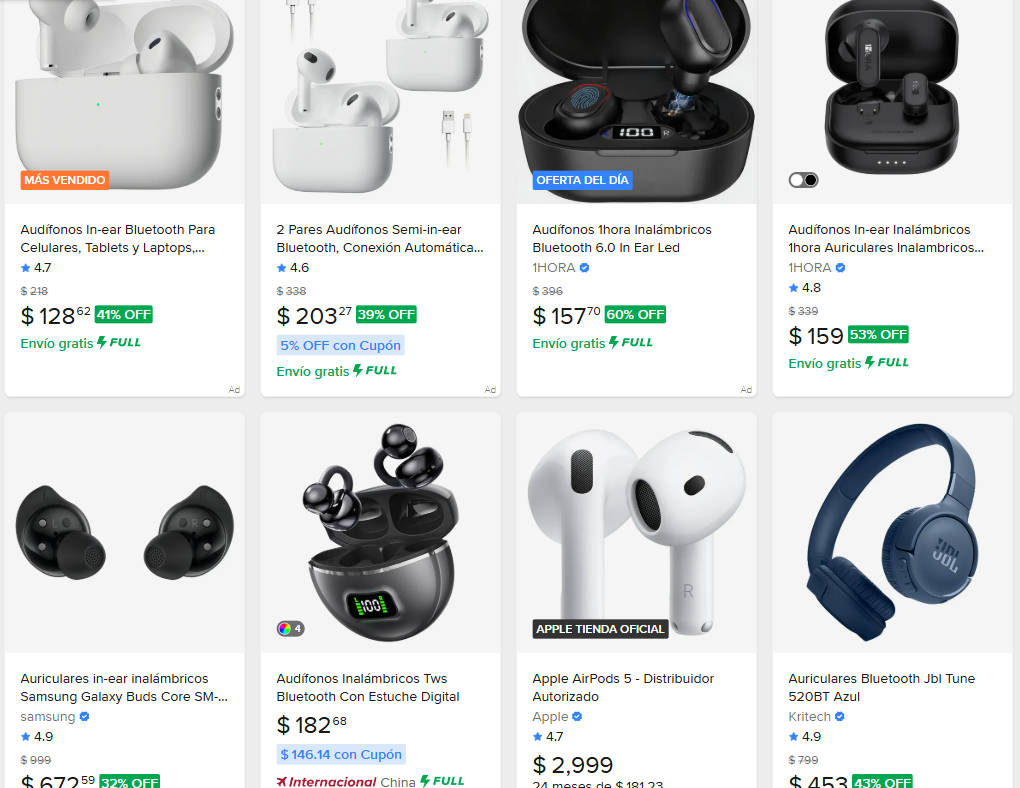MercadoLibre search results for audífonos bluetooth in Mexico that MercadoLibre Scraper turns into rows