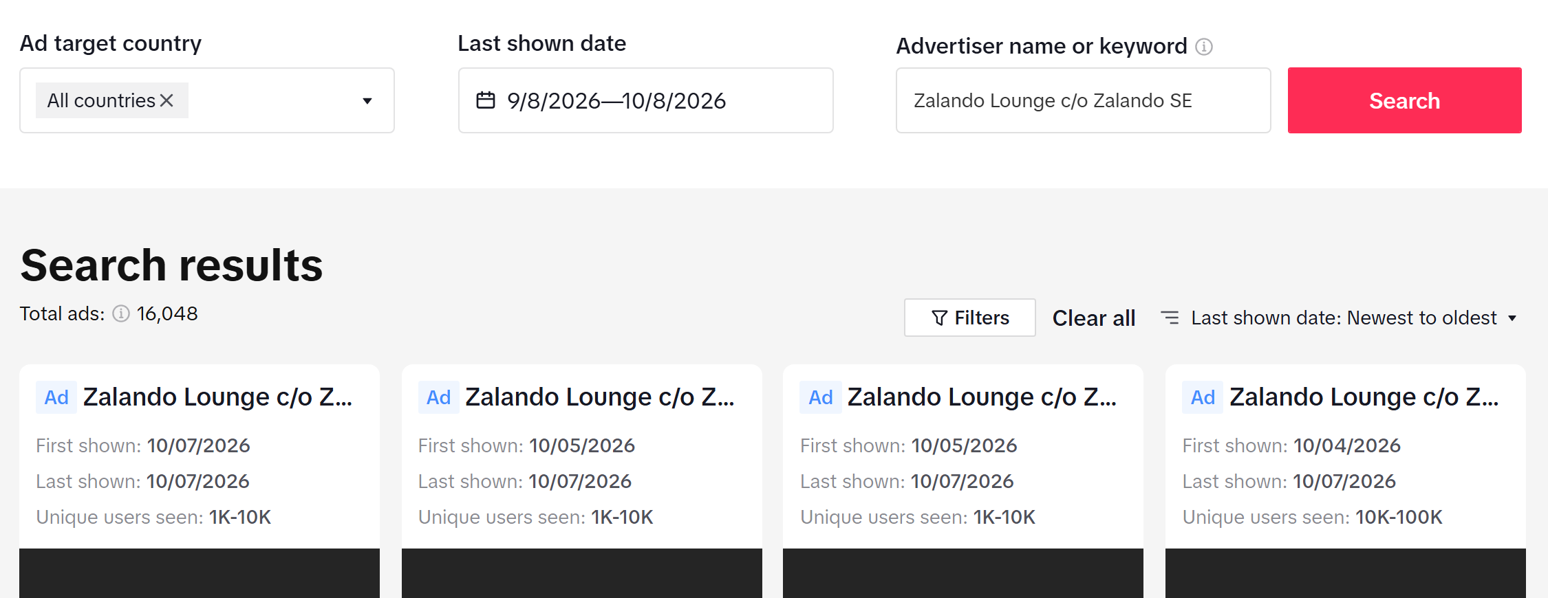 TikTok Ad Library search page that TikTok Ads Library Scraper turns into rows