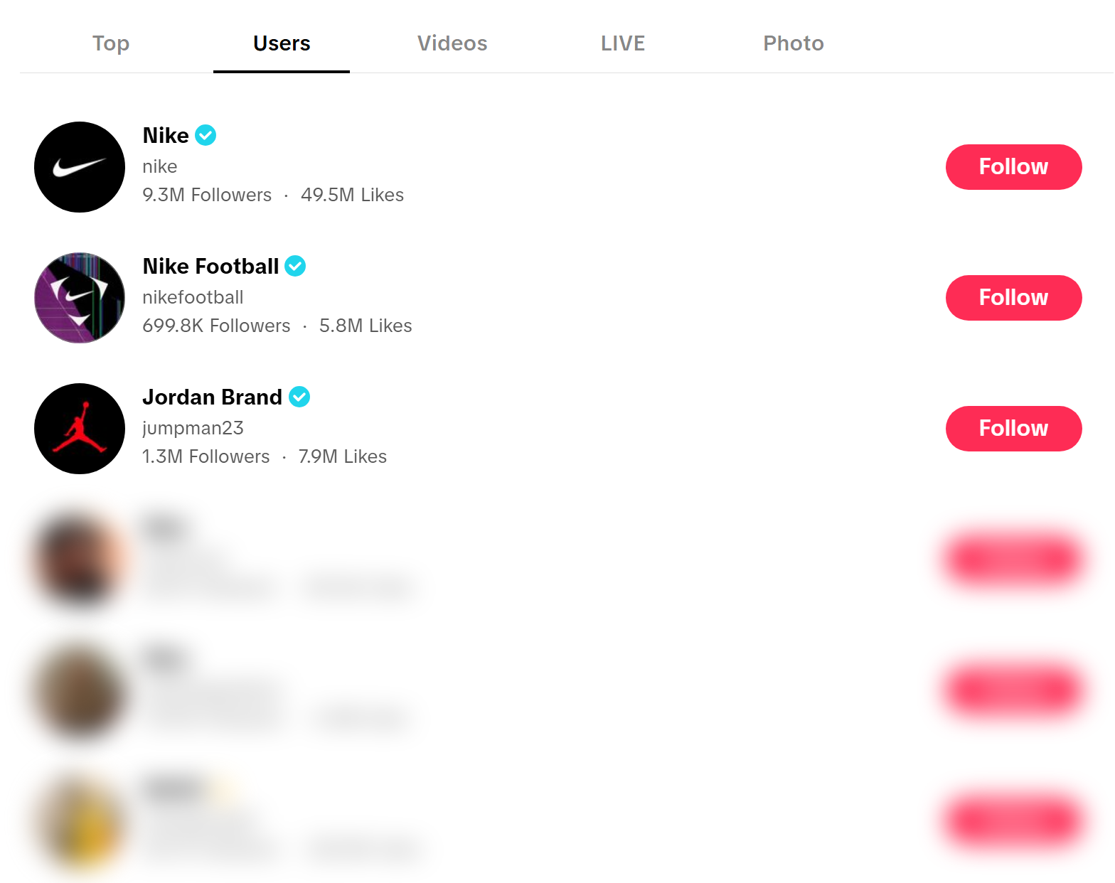 TikTok user search results page for the keyword nike that TikTok User Search Scraper turns into rows
