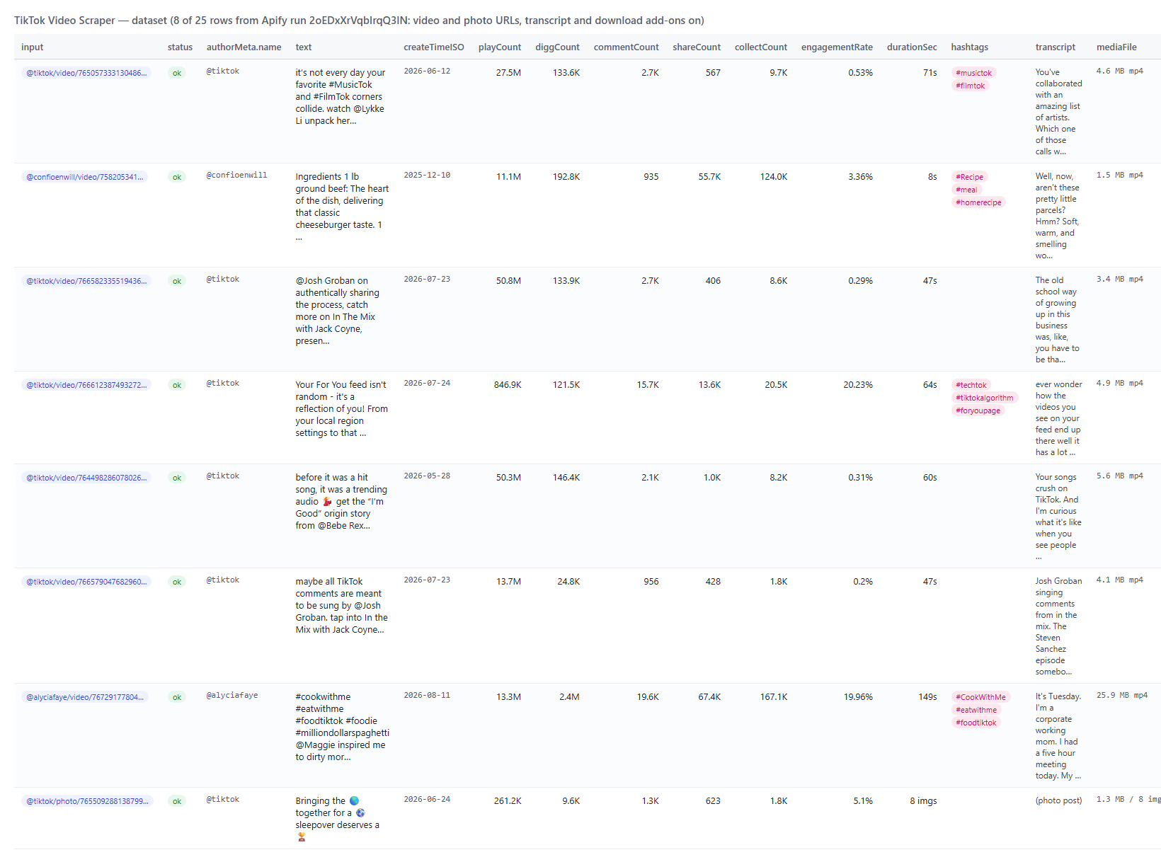TikTok Video Scraper output table with plays, likes, comments, shares, saves, engagement rate, transcript and stored file per video