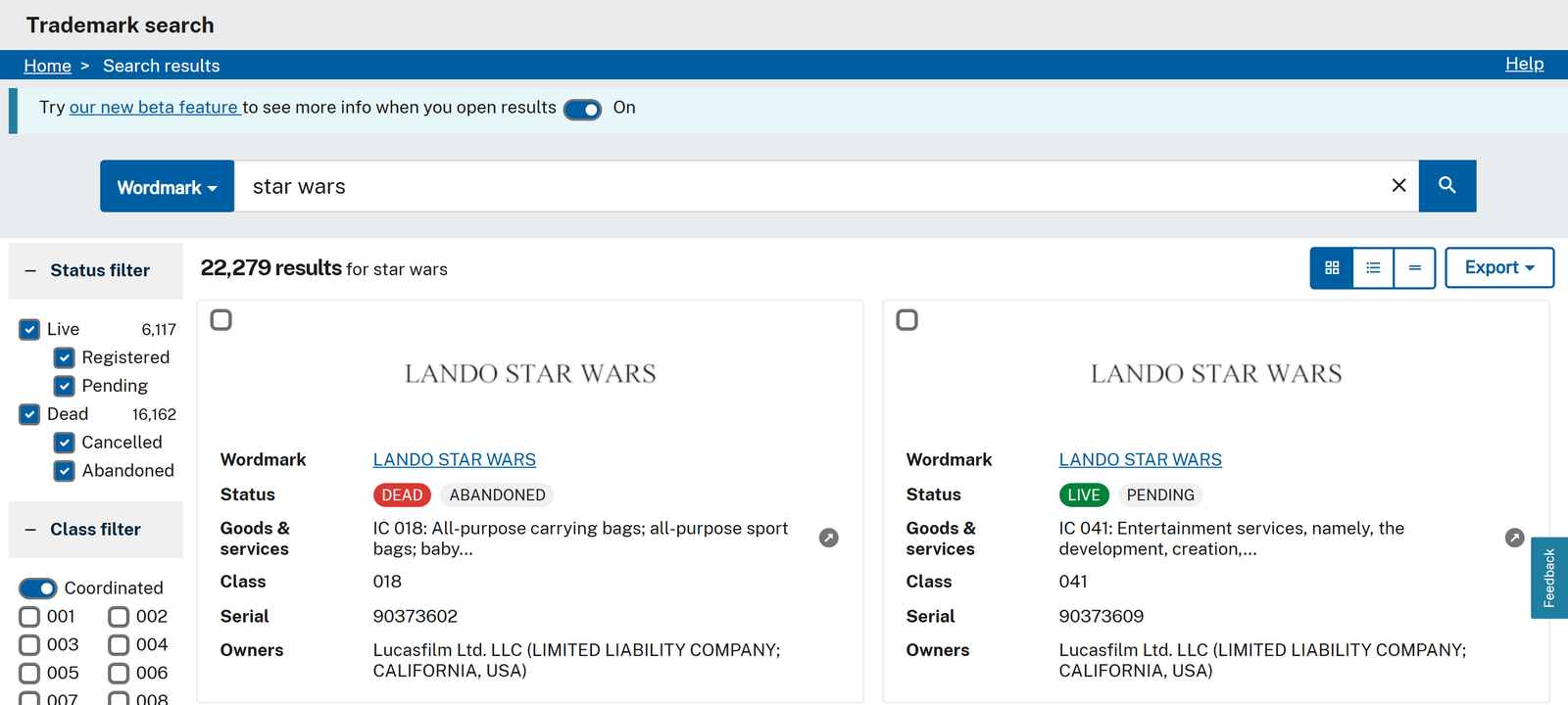 USPTO trademark search results page that USPTO Trademark Scraper turns into rows