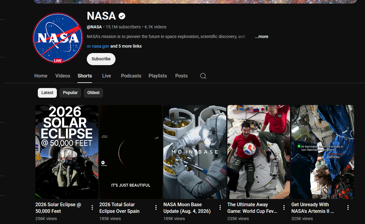YouTube Shorts tab of a channel that YouTube Shorts Scraper turns into rows