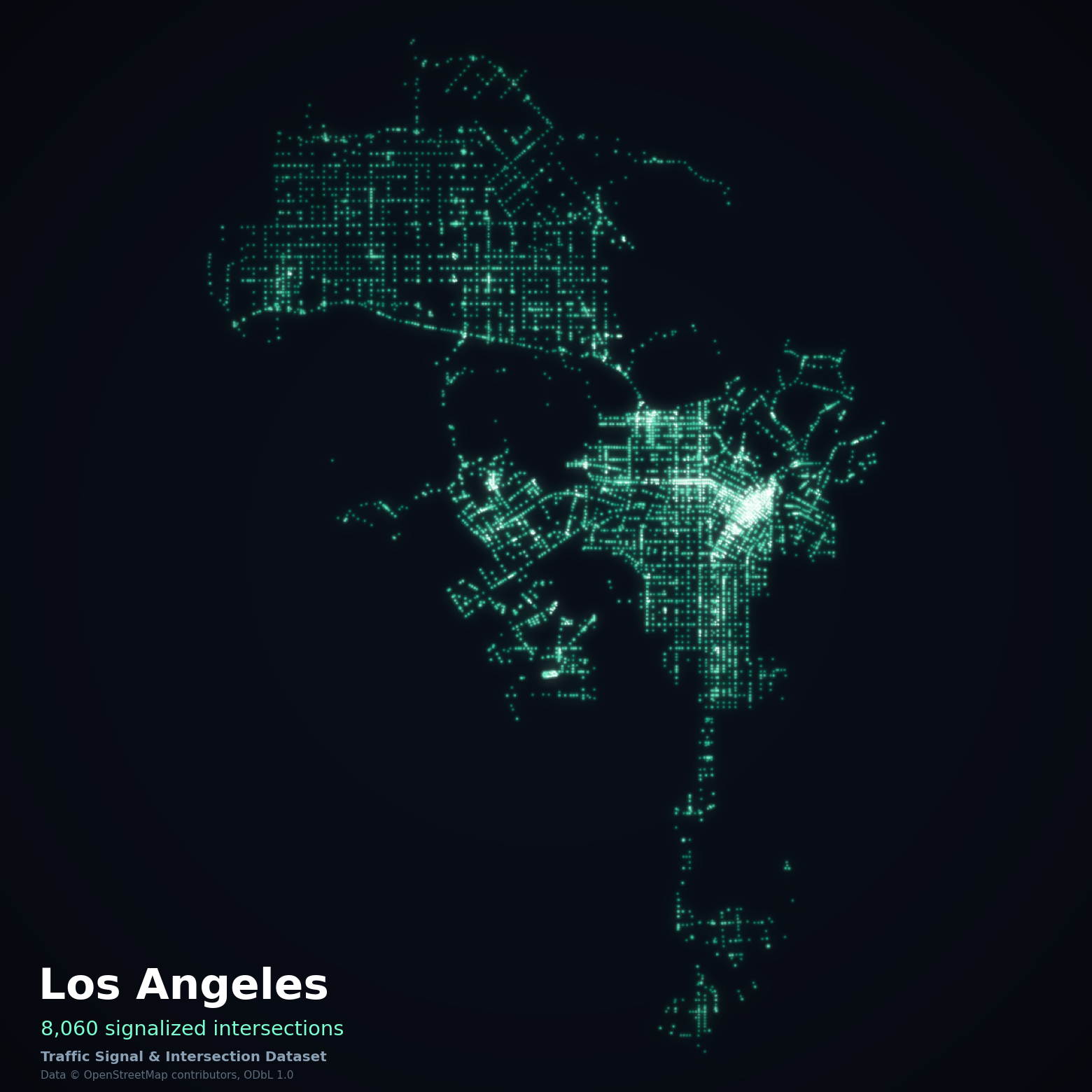 Every signalized intersection across Los Angeles extracted from OpenStreetMap