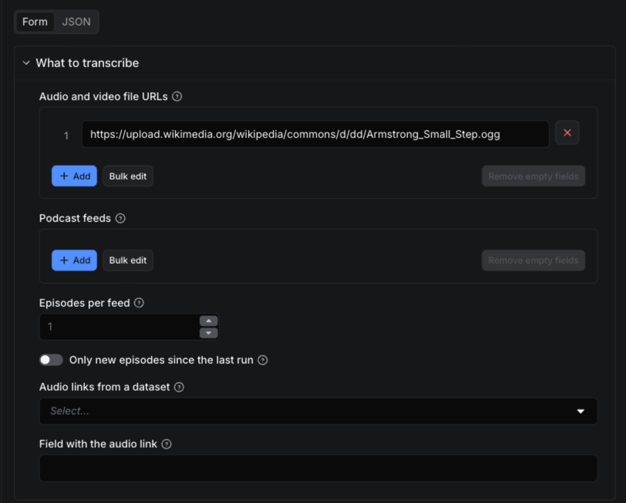 Audio & Video Transcriber input form: file URLs, podcast feeds, episodes per feed, audio links from a dataset