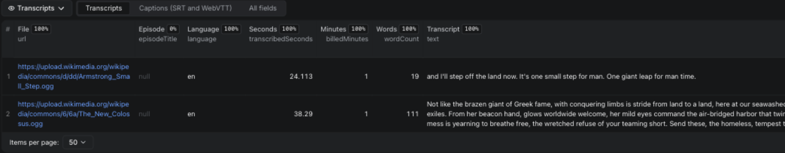 Audio & Video Transcriber output table: file, language, seconds, billed minutes, word count, transcript