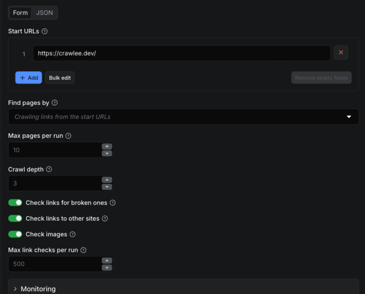 SEO Audit Crawler input form: start URL, how pages are found, max pages, crawl depth, link and image checks