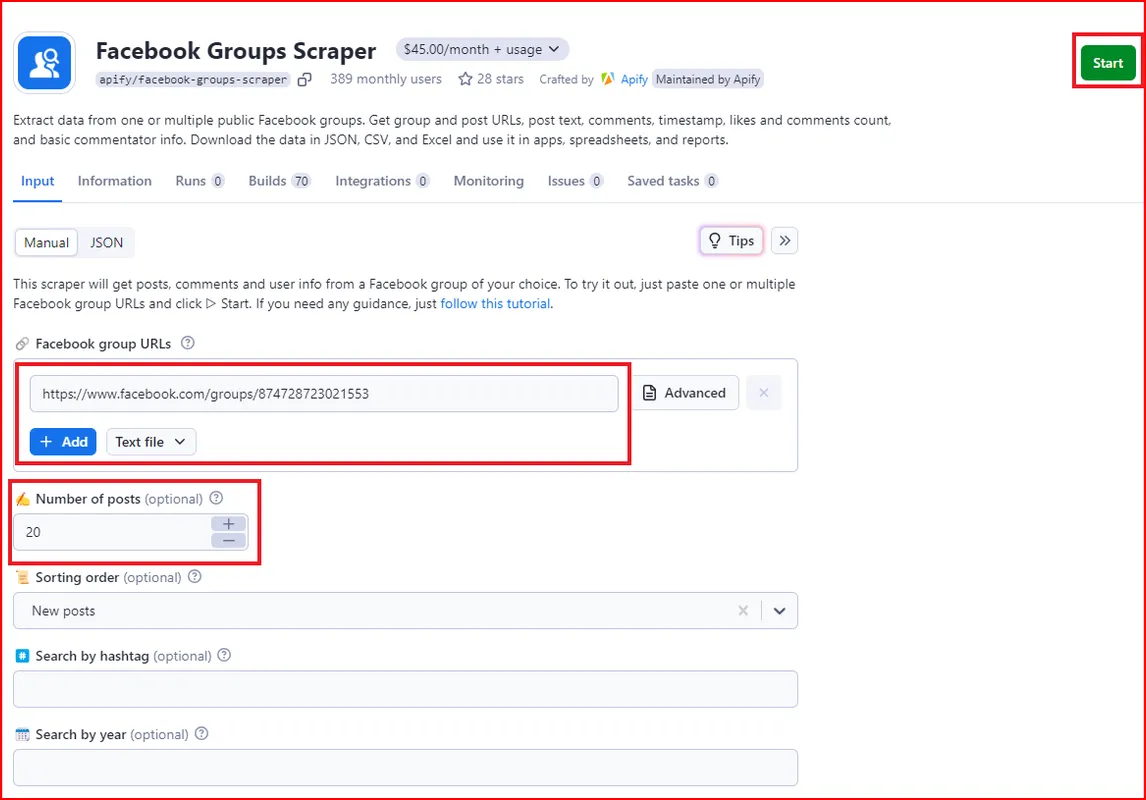 Facebook Groups Scraper input